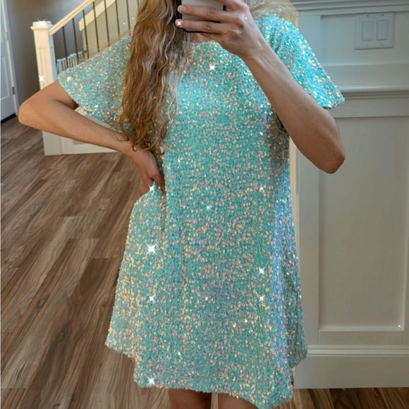Dresses | Swifty Sequin Shirt Dress In Teal Blue | Poshmark